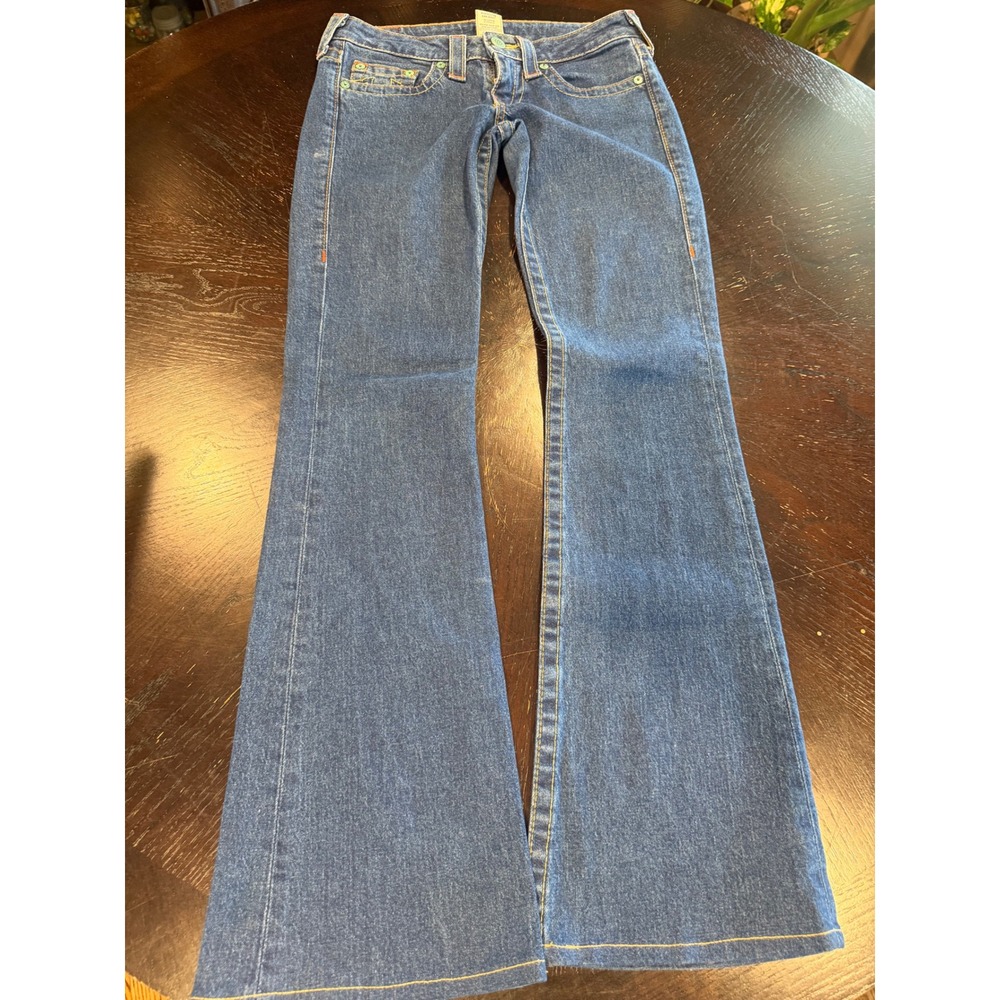 True Religion Bobby Flare Jeans Medium Wash Orange Stitch Made in USA Womens 28